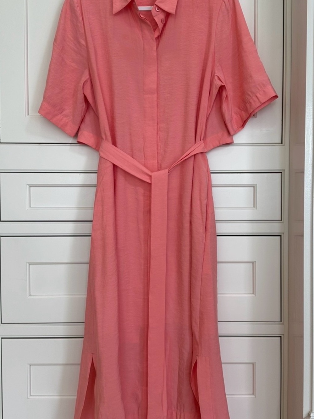 COS Pink Coral Midi Shirt Dress Tie Waist Minimalist Quiet Luxury size 8 - Picture 3 of 8